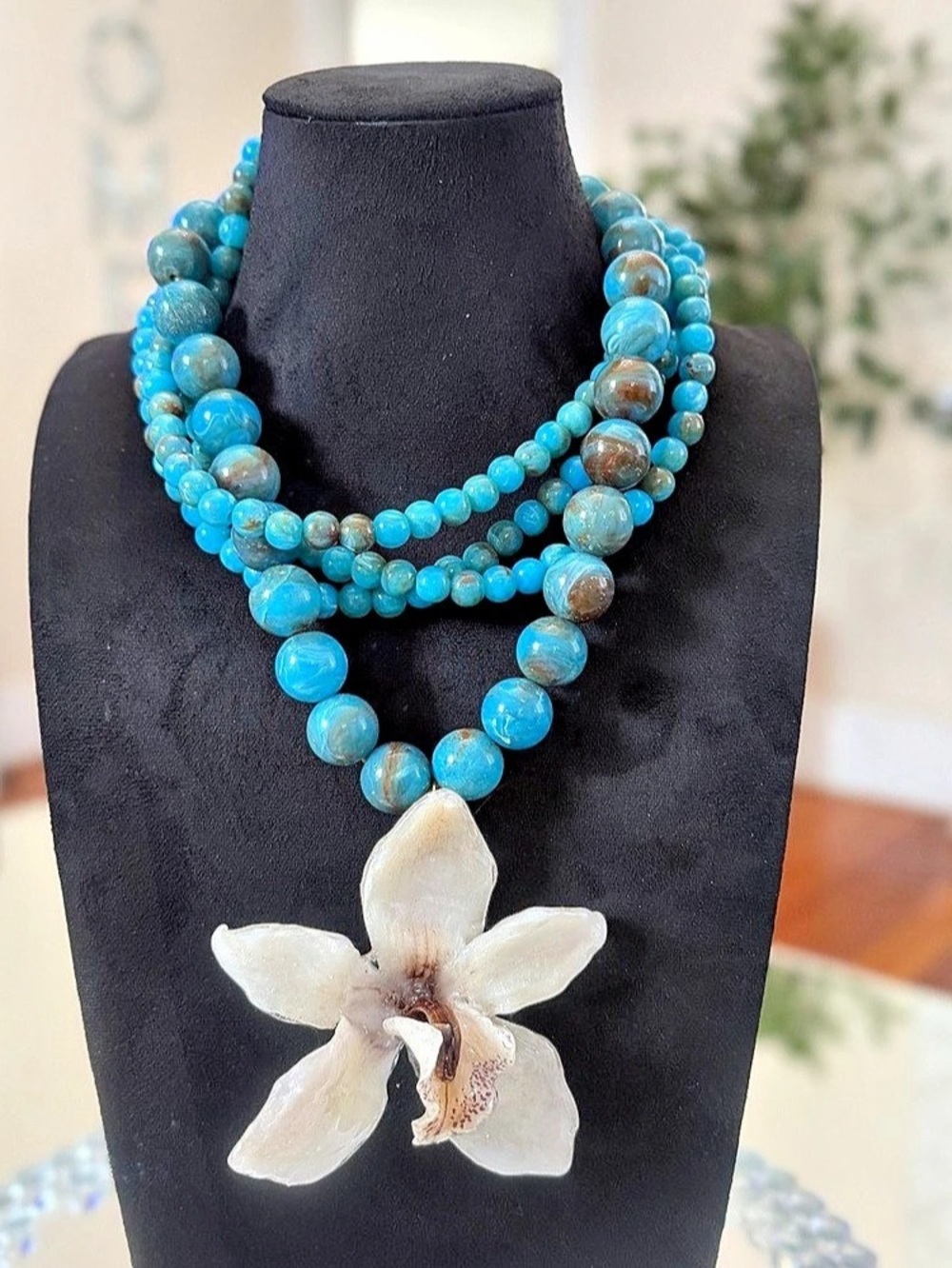 Blue Beaded Orchid Pendant Necklace